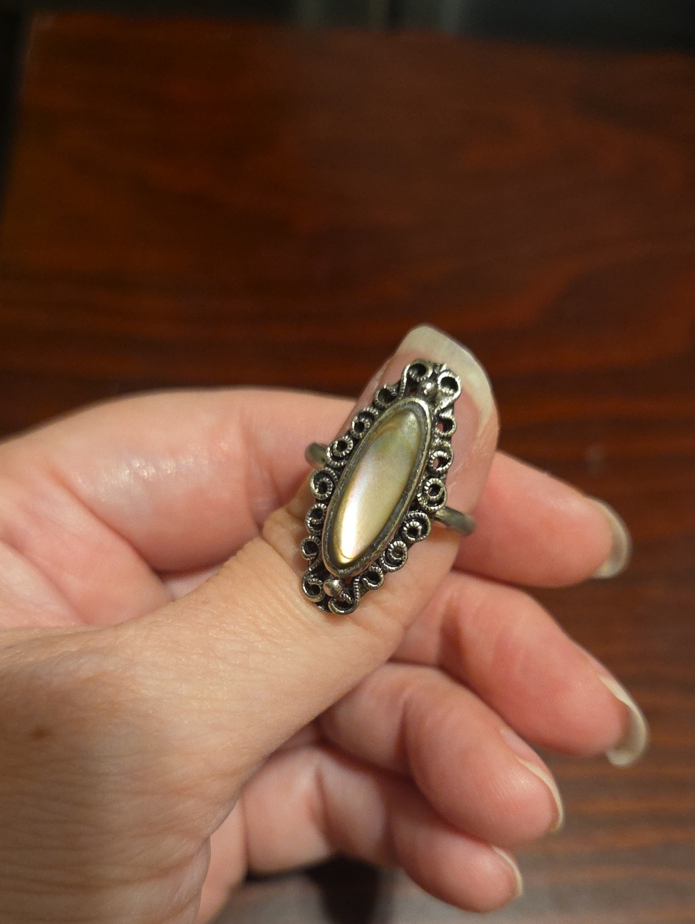 Vogue Silver-Tone Marquise Mother-of-Pearl Ring with Filigree